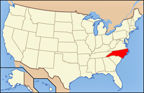 Map of the USA showing location of North Carolina